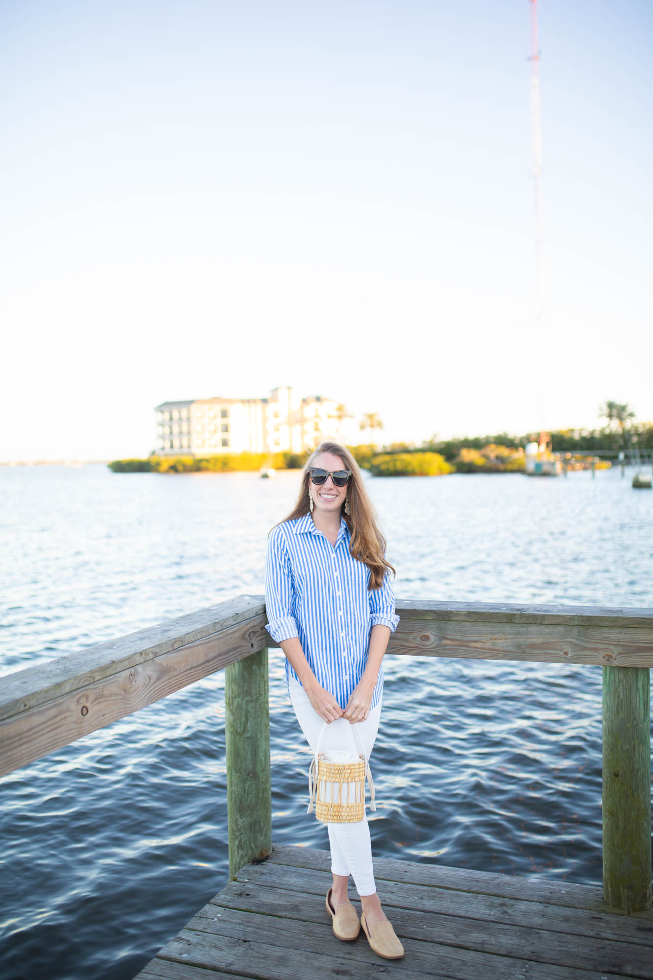 Talbots Blue Striped Top, White Jeans, Striped Tunic, Classic Outfit Idea 